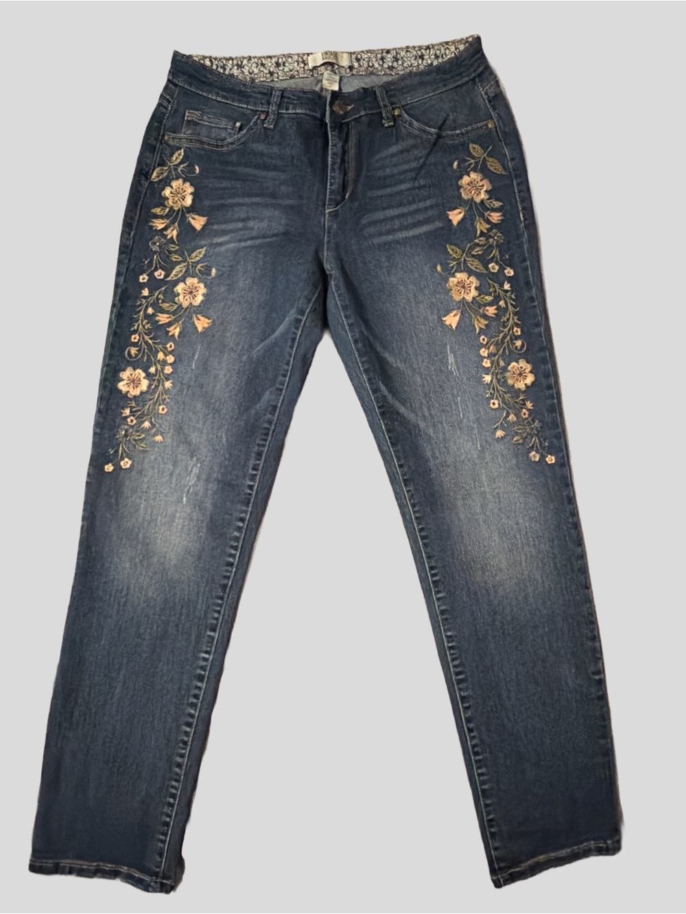 Vintage America Dark Blue Straight Leg Jeans with Embroidered Floral Vines